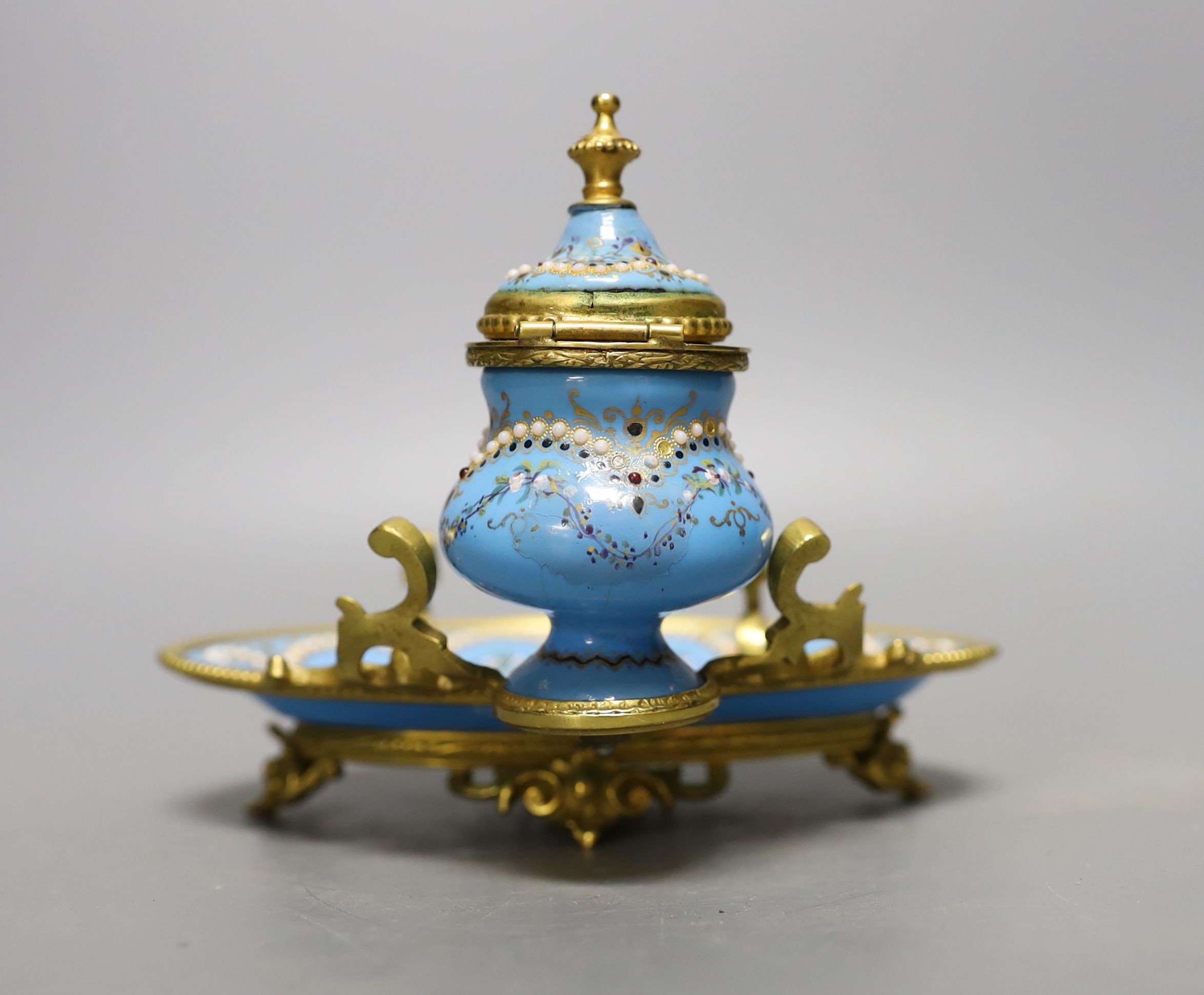 A French gilt metal and ‘jewelled’ enamel inkstand 15cm wide